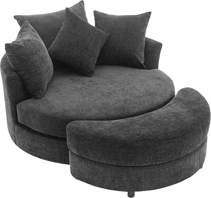 ERYE Oversized Round Accent Barrel Chair with Storage Ottoman and 360 Swivel Base, Modern Chenille Upholstered Leisure Recliner Armchair for Living Room Bedroom