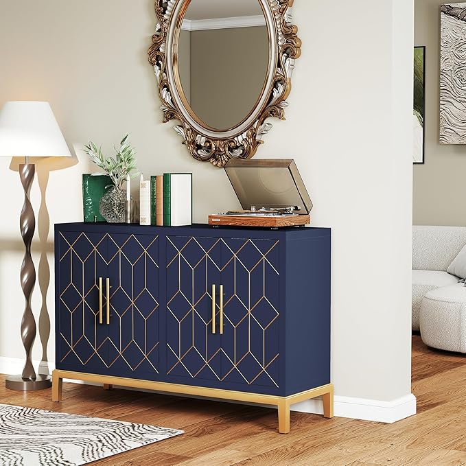 47.8" Storage Accent Cabinet with 4 Doors, Modern Sideboard Buffet Cabinet with Gold Lines, Wood Decorative Credenza with Storage for Living Room, Kitchen, Dining Room, Entryway, Blue
