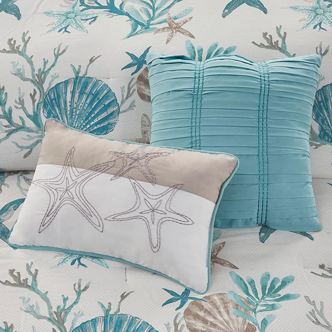 Madison Park Pebble Beach Pebble Beach 100% Cotton Comforter Set - Coastal Coral, All Season Down Alternative Cozy Bedding with Matching Shams, Decorative Pillow, Cal King(104"x92") Aqua 7 Piece