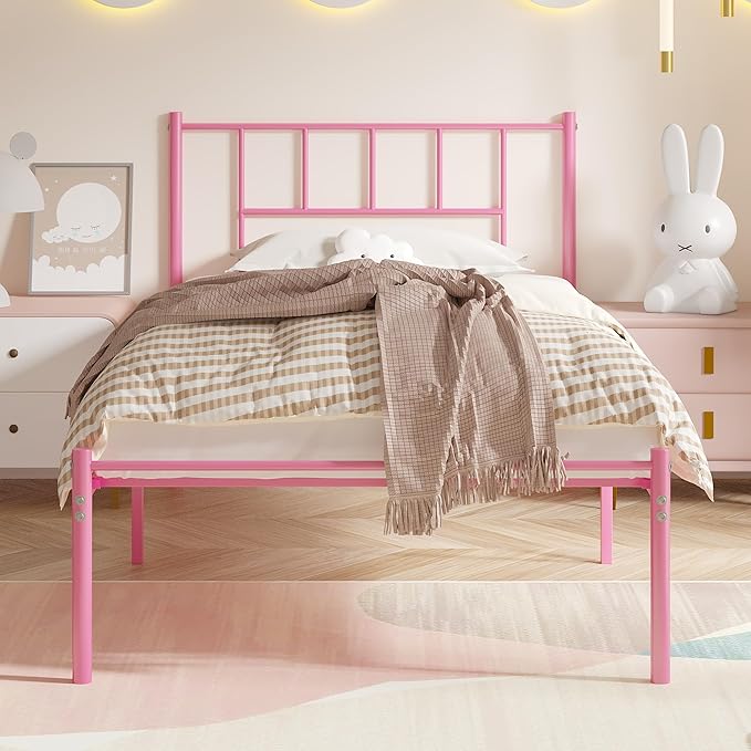 VECELO Twin Metal Platform Bed Frame with Headboard, Heavy Duty Steel Slat Support, Under Bed Storage,No Box Spring Needed, Easy Assembly