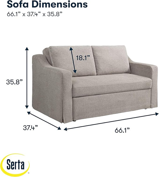 Serta Hawthorne 66.1" Slipcovered Convertible Sleeper Loveseat, Full Size, Dreamcoil Comfort, FingerGuard Pinch Point Protection, Polyester Tweed Fabric, Flax