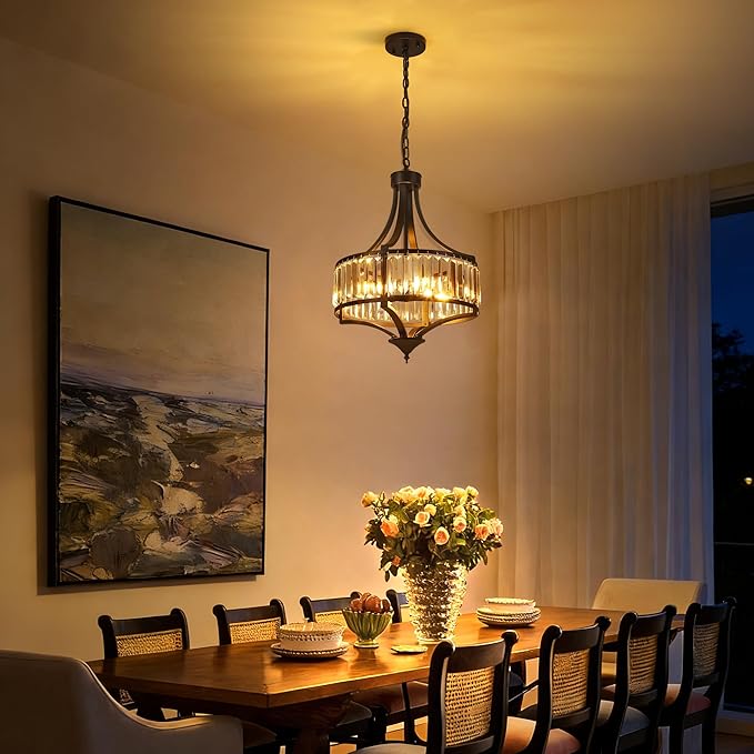 16" Modern Black Crystal Chandelier, 4-Light Farmhouse Dining Room Light Fixtures Over Table Hanging, Antique Round Pendant Lights Kitchen Island Entryway Bedroom Office Stairwell Hallway