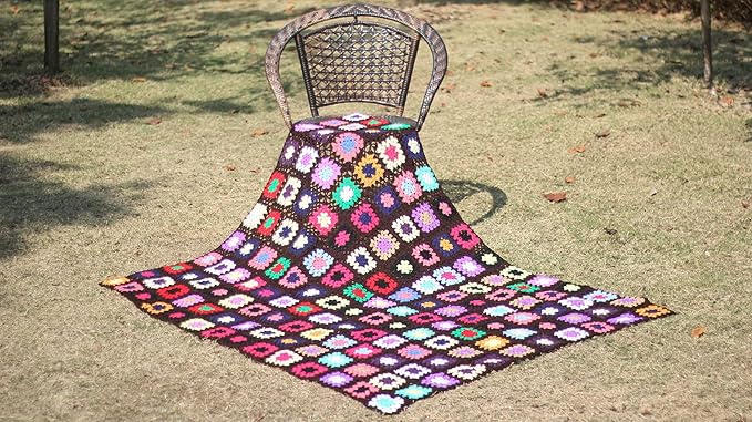 RISEON Handmade Granny Square Crochet Throw Blanket Sweater Style Mat, crochet quilt, multicolor Boho Travel Accent Decor Throw for Sofa Comforter Couch Bed Recliner Living Room Bedroom (Dark Brown)