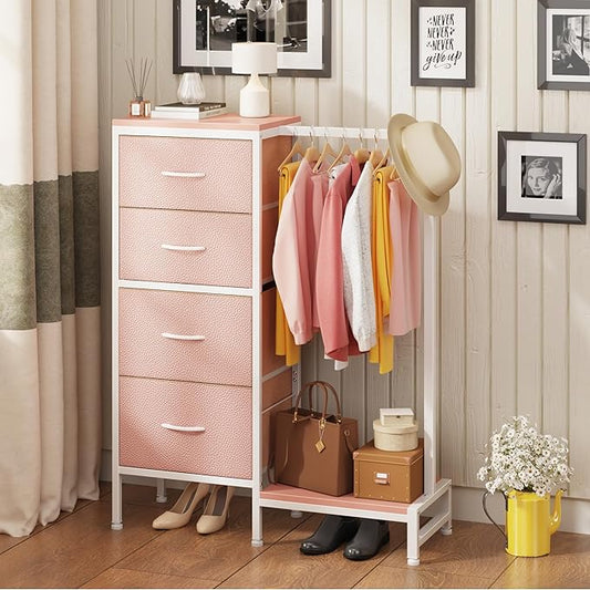 Dresser with Hanging Rack, 4 Drawers Small Closet for Bedroom, Reversible Fabric Kids Chest of Drawers with Clothes Rack, Tall Storage Tower, Sturdy Frame, Pink, 44''H