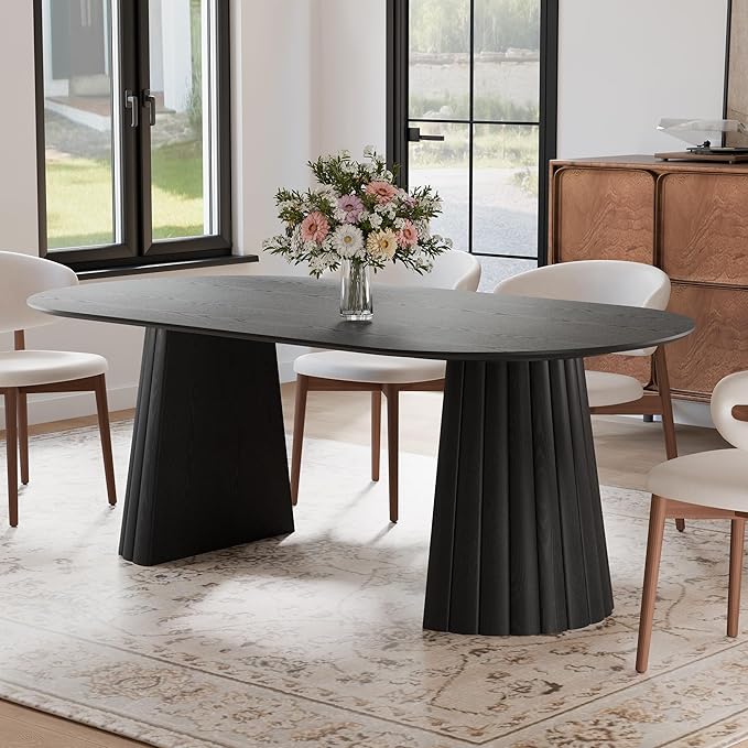 Casaphoria 79" Oval Dining Table, Modern Wood Kitchen Table with Cone Shaped Stripe Convex Base for Living Room & Dining Room, Easy Assembly Farmhouse Furniture for 6-8, Black