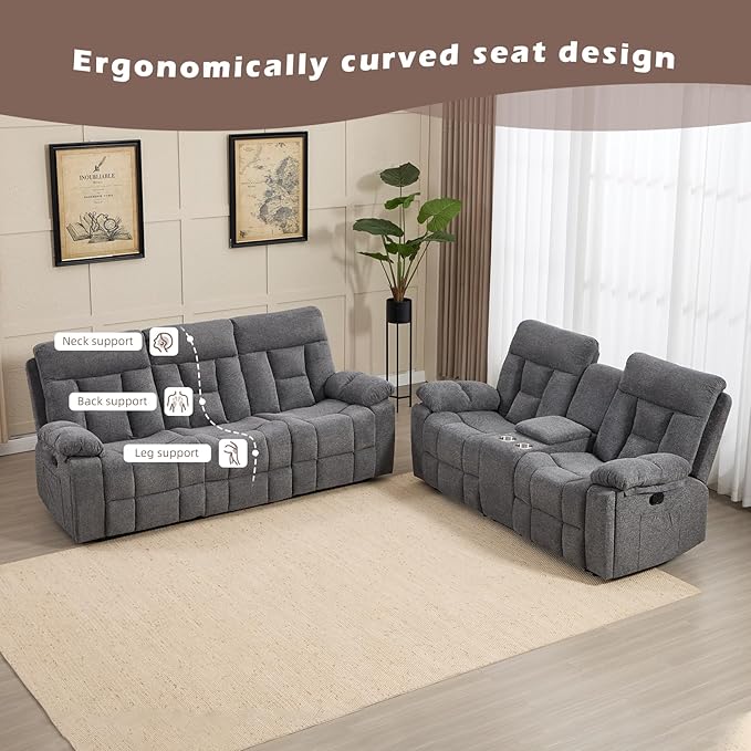 CANMOV Recliner Sofa Set, 3 Seat Recliner Sofa and Manual Loveseat with Overstuffed Armrest, Storage Console,Hidden Cup Holders, for Living Room,Grey
