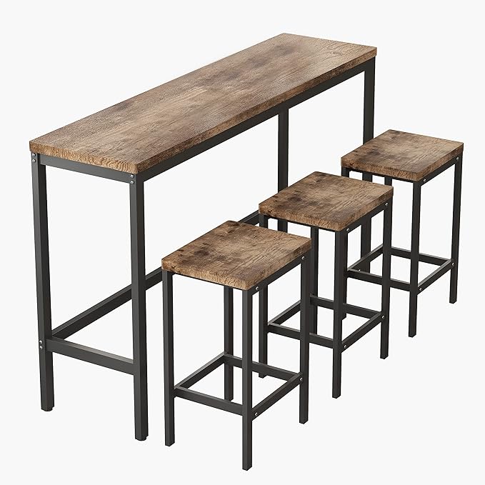 Merax 4-Piece Counter Height Extra Long Dining Table Set with 3 Stools and Footrest, Modern Design Kitchen Dining Table, Pub Table, Long Dining Table Set, Natural