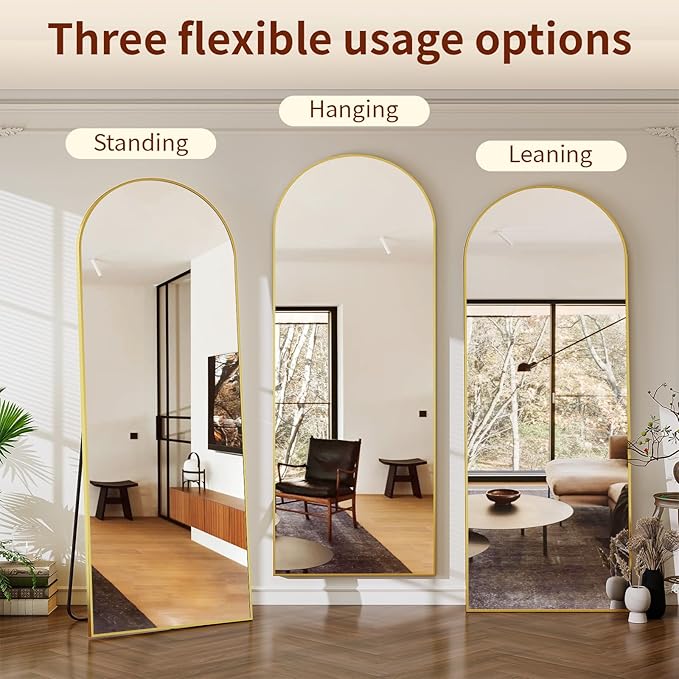 64"x21" Arched Mirror Full Length, Standing Floor Mirror, Wall Mounted Mirror with Aluminum Frame - for Standing, Leaning or Hanging, for Living Room Dressing Room, Gold