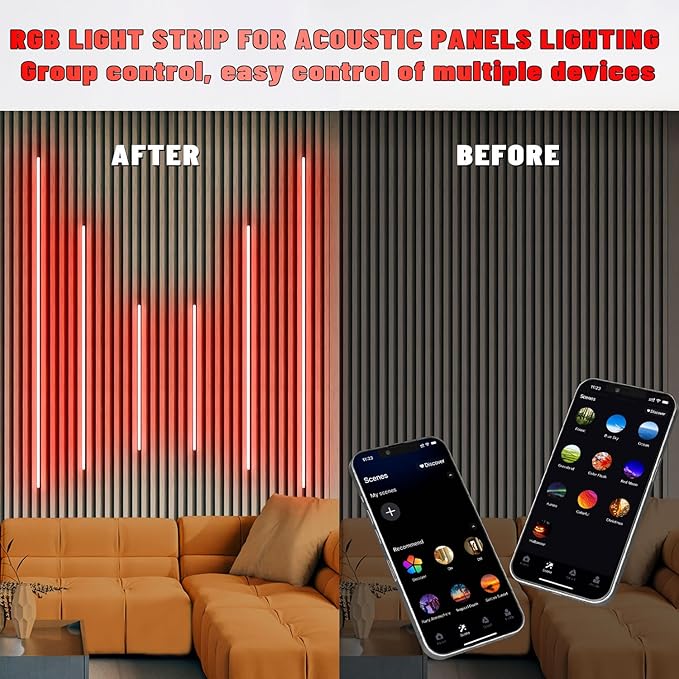 Lichaser RGB Black Smart Recessed Lighting for Acoustic Panel, 6 Pcs WiFi LED Strip Light for Wood Slat Wall Panel Compatible with Alexa, Self-Adhesive Smart LED for Slat Wall (2*36+2*24+2*16 in)