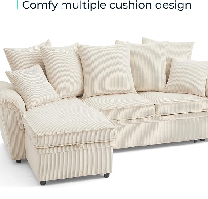 LINSY HOME Sectional Loveseat Sofa with Pull Out Chaise (Beige, 62.5'') | USB Charging, Pillow-style Armrest, Multiple Cushions, Side Storage Pockets, Corduroy Fabric
