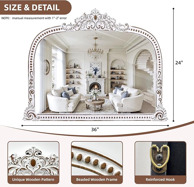 Rustic Farmhouse Wooden Wall Mirror: 36x24 Inches Baroque Antique Arched Mirror - Decorative Wide Mirrors for Fireplace Mantel, Living Room, Entryway, Bathroom