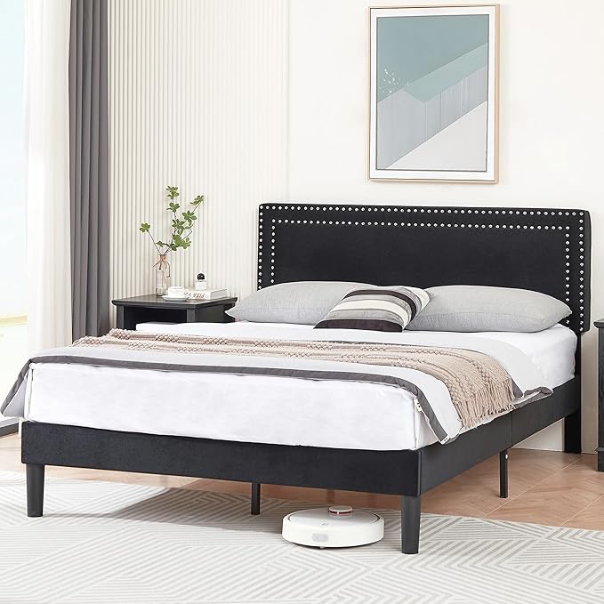 Full Size Platform Bed Frame with Adjustable Upholstered Headboard, Modern Mattress Foundation,Strong Wood Slat Support, No Box Spring Needed, Easy Assembly