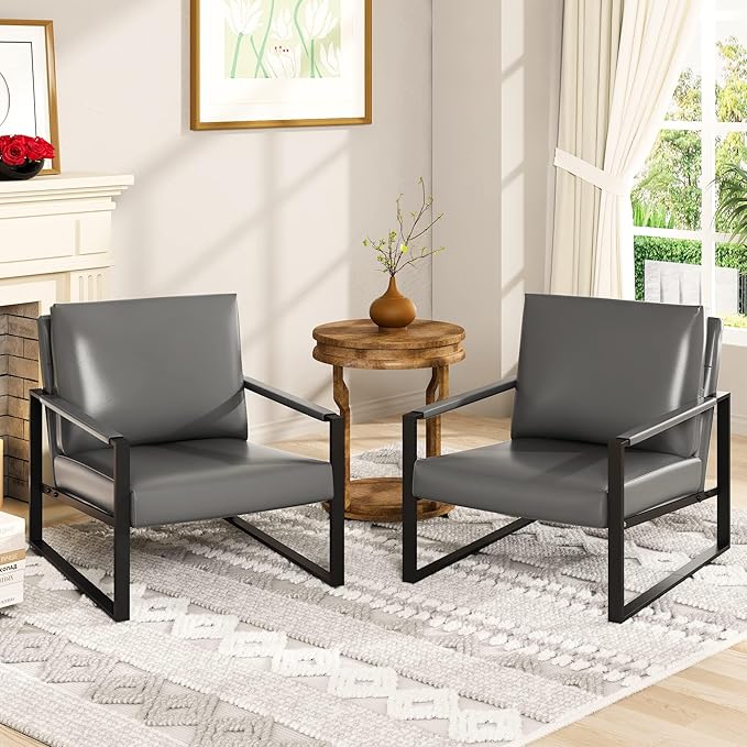 AWQM Leather Accent Chair Set of 2 Sofa Chair Extra-Thick Padded Backrest Seat Cushion Single Sofa Bedroom, Black Metal Frame, 105 Degree Slant Back-Grey（Set of 2）