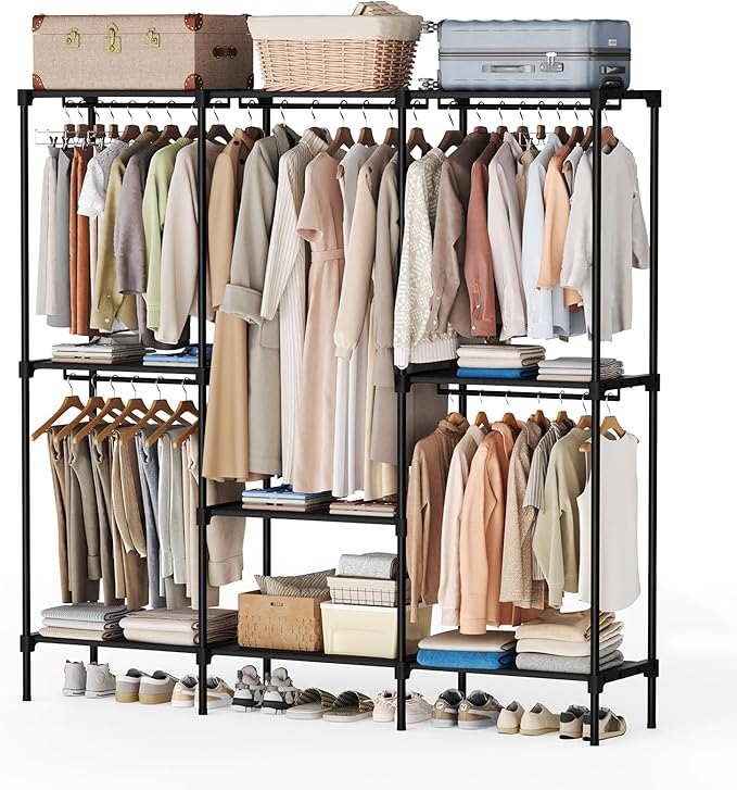 OLIXIS Portable Wardrobe Closet with Hanging Rods, 81 Inch Portable Clothing Rack with Shelves, Heavy Duty Clothes Rack, Freestanding Closet Organizer, 81" L x 15.7" W x 77" H