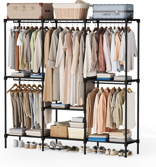 OLIXIS Portable Wardrobe Closet with Hanging Rods, 81 Inch Portable Clothing Rack with Shelves, Heavy Duty Clothes Rack, Freestanding Closet Organizer, 81" L x 15.7" W x 77" H