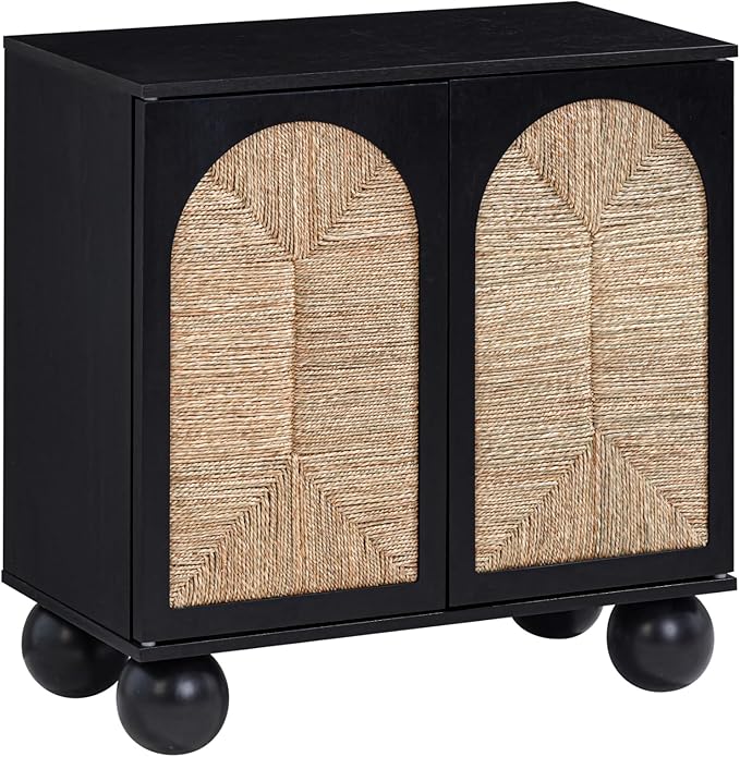 Nathan James Leah Boho Entryway Storage Cabinet or Sideboard Cabinet for Kitchen or Living Room with Ball-Style Feet, Natural Seagrass Door Fronts and Solid Wood Legs, Black