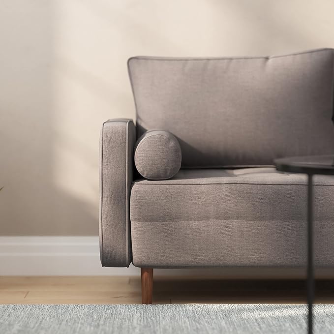 Taylor & Logan Hendrix Tufted Faux Linen Upholstered Mid-Century Modern Loveseat with Solid Wood Legs in Dark Gray