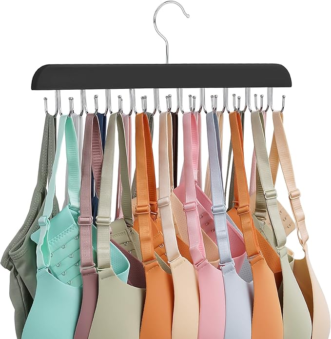 Bra Hanger for Closet, Tank Top Hanger 20 Hooks Capacity Sturdy Wood Space Saving Hanger Sport Bras Holder, Closet Organizers and Storage, Black 1 Pack
