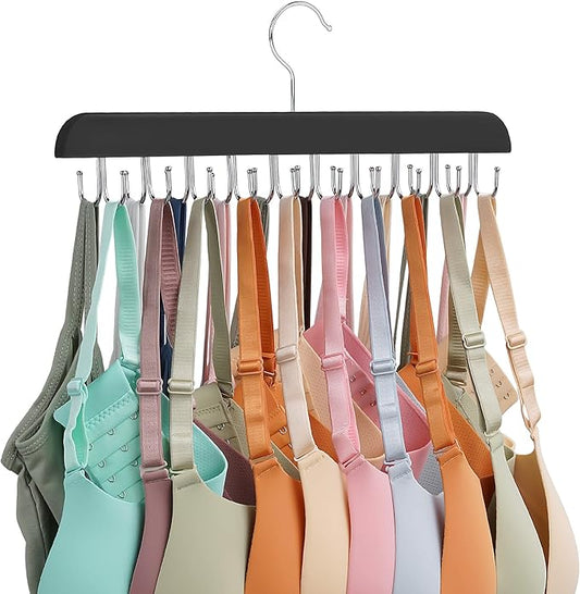 Bra Hanger for Closet, Tank Top Hanger 20 Hooks Capacity Sturdy Wood Space Saving Hanger Sport Bras Holder, Closet Organizers and Storage, Black 1 Pack