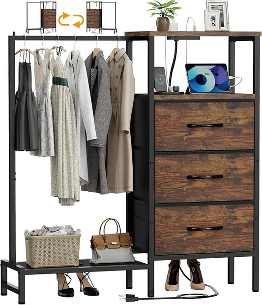 Dresser for Bedroom with Hanging Rack, 3 Drawers Closet with Charging Station, Faric Chest of Drawers with Clothes Rack, Storage Organzier for Hallway Entryway, Brown