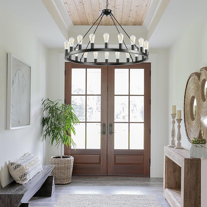 40 inch Black Wagon Wheel Chandelier 20-Light Farmhouse Round Wheel Chandeliers Hanging Light Fixture Outdoor Wagon Wheel Chandelier for Porch for High Ceilings Dining Room