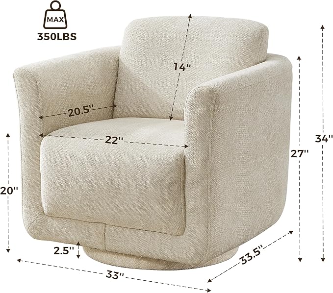 Swivel Accent Chair, 360° Upholstered Swivel Chair, 350 lbs Capacity, Kiln Dried Solid Wood Frame Lumbar Cushion,FSC Certified Upholstered Chair for Living Room Bedroom,Beige