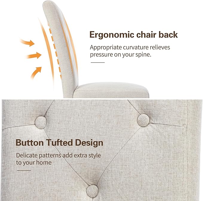 VECELO Upholstered Dining Chairs Set of 2, Modern Fabric and Solid Wood Legs & High Back for Kitchen/Living Room- Beige