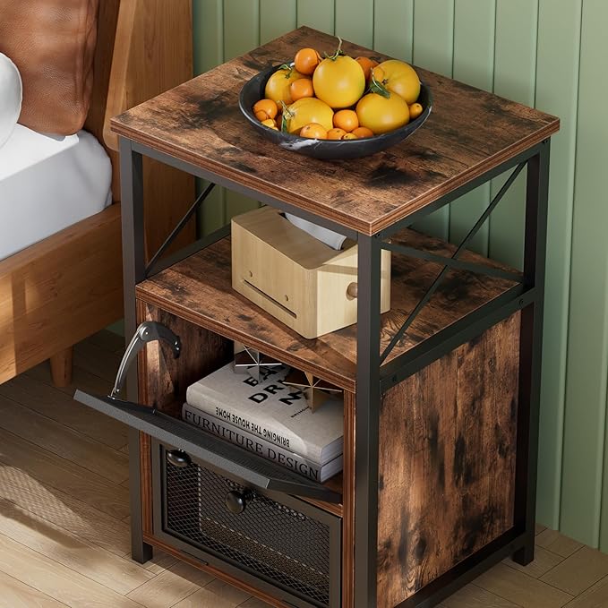 VECELO Nightstand Set of 2 with Drawer, Modern Night Stand for Bedroom, End Side Table for Living Room,Bedroom,Office, Easy Assembly Amber Brown