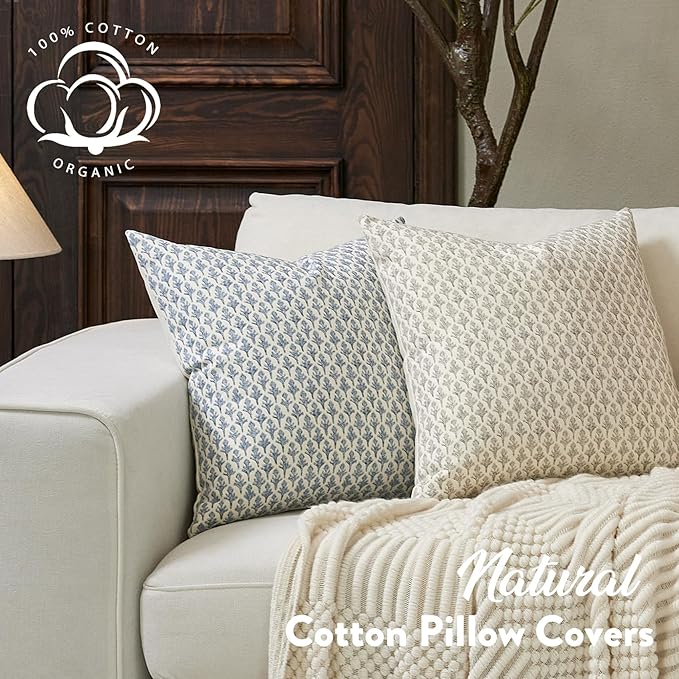 FIOUOVO Floral Pillow Covers 20x20 Pillow Cover Block Print Couch Pillows for Living Room Decorative Neutral Accent Throw Pillow Covers, 1PC, Aqua Blue