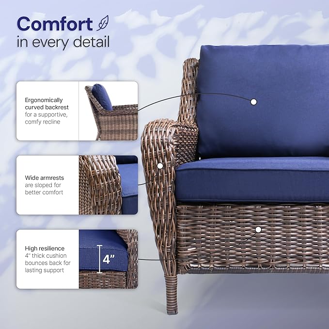 Cambridge Outdoor Wicker Club Chair All-Weather HDPE Rattan Patio Dining Chairs Lounge Seating with Soft Cushion, Midnight Navy Blue