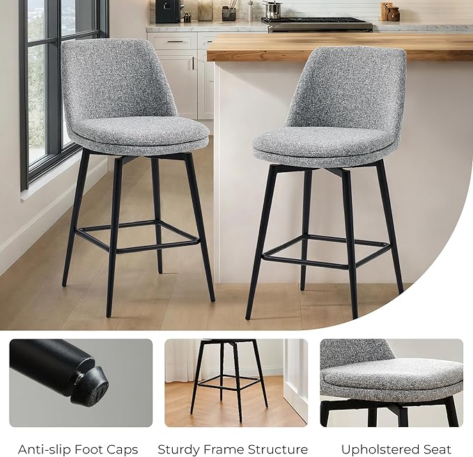 CHITA Swivel Bar Stools, 27.2" Counter Height Bar Stools Set of 4, FSC Certified Upholstered Modern Counter Stools, Metal Legs, Fabric, Grey (Multi-Colored)