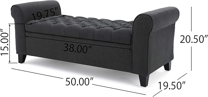Christopher Knight Home Keiko Fabric Armed Storage Bench, Dark Grey, 19.50”D x 50.00”W x 19.25”H