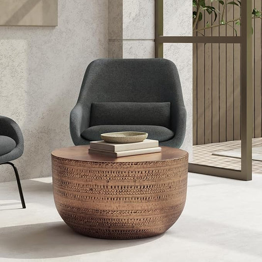 SIMPLIHOME Johnsen Metal Coffee Table - 30 inch Wide Solid Metal Round Drum Accent Table in Antique Copper, Boho Coffee Table for Living Room or Bedroom with Textured Design, Assembled