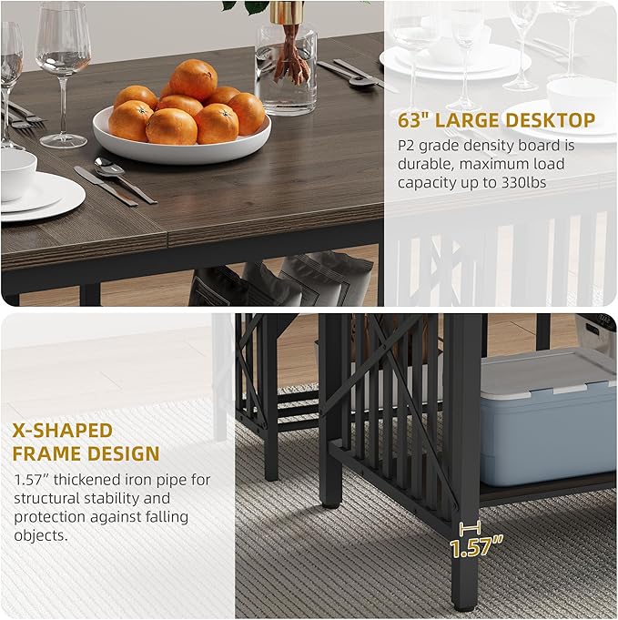 DWVO 3-Piece Dining Table Set for 4-6 People with 2 Benches, 63" Dining Room Table, Industrial Rectangular Dining Room Table Set with Storage for Kitchen, Dining Room, Grey