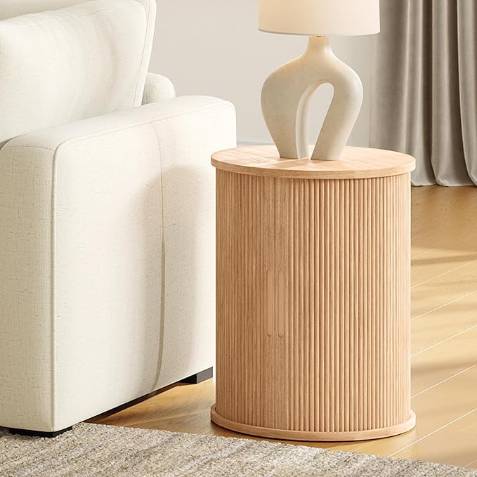LINSY HOME Round End Table, Fluted Side Table with Sliding Tambour Door and Storage Shelf, Mid Century Modern Circular Nightstand for Bedroom, Wood Boho Tall Bedside Cabinet for Small Space, Oak