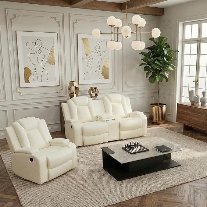 Power Recliner Sofa Set, Air Leather Reclining Couch with LED, Reclining Living Room Sofa and Loveseat Chair for House/Apartment/Office (Creamy White, LOVESEAT+Chair)