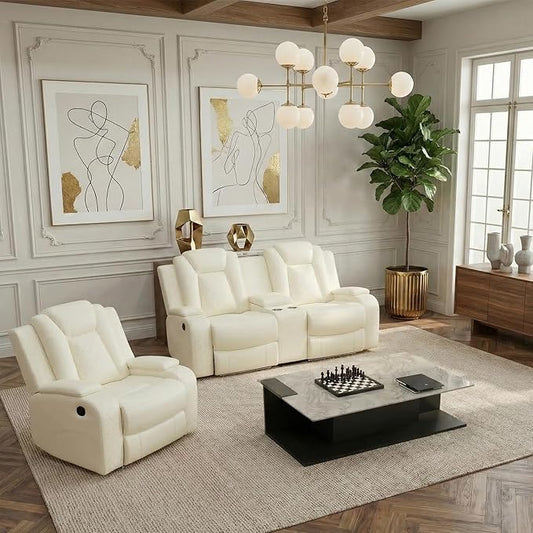 Power Recliner Sofa Set, Air Leather Reclining Couch with LED, Reclining Living Room Sofa and Loveseat Chair for House/Apartment/Office (Creamy White, LOVESEAT+Chair)