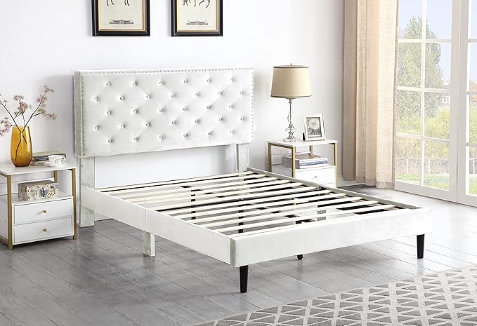Full Upholstered Platform Bed Frame with 48" Tall Adjustable Headboard - Button Tufted Suede Velour Bed- Wood Slat Support with Storage Space- No Box Spring Needed - Beige - OLIVER & SMITH - Princeton