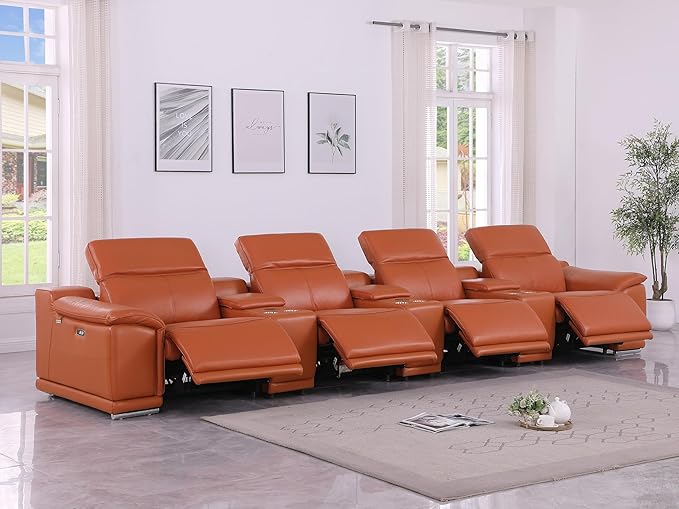 Blackjack Furniture Venice Top Grain Italian Leather Power Recline 7 Piece 4 Seater Sofa - 175" Theater Seating Modern Couch for Living Room Apartment with Adjustable Headrests & USB Port, Camel