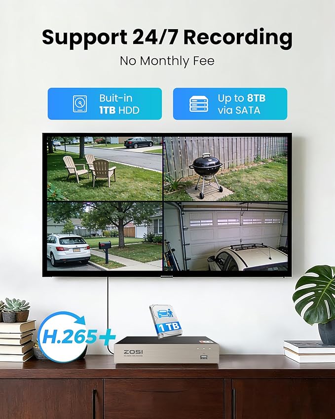 ZOSI 8CH 3K Lite Home Security Camera System, AI Human/Vehicle Detection, 120ft Night Vision, 4pcs 1080P Metal Weatherproof Cameras with Audio, H.265+ 8Channel DVR with 1TB HDD for 24/7 Recording