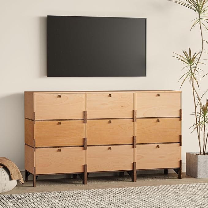 Sebastack Sideboard, Buffet Cabinet with 3 Storage Drawers, Easy Assembly Coffee Bar Wood Buffet Table for Kitchen, Dining Room, Office, Basswood and Beech Color Combo (1 pcs)