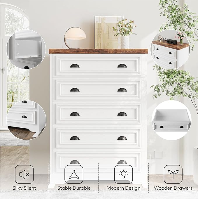 LIKIMIO 5-Drawer 43" Tall Dresser with Built-in Charging Station - Farmhouse Style Bedroom Storage Cabinet, Brown & White