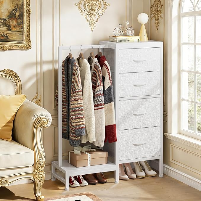 Dresser with Hanging Rack, 4 Drawers Small Closet for Bedroom, Reversible Fabric Kids Chest of Drawers with Clothes Rack, Tall Storage Tower, Sturdy Frame, White, 44''H