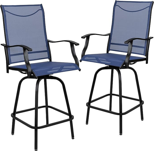 Flash Furniture Valerie All-Weather Swivel Patio Barstools with Footrest and Armrests, Modern Sling Outdoor Bar Height Stools, Set of 2, Navy