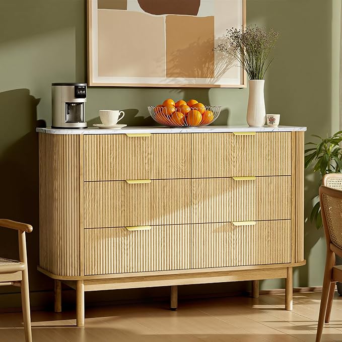 47" Fluted Dresser for Bedroom with 6 Drawer, Modern Chest of Drawers,Faux Marble Top & Curved Profile Design,Wood Drawer Storage Organizer for Living Room, Natural