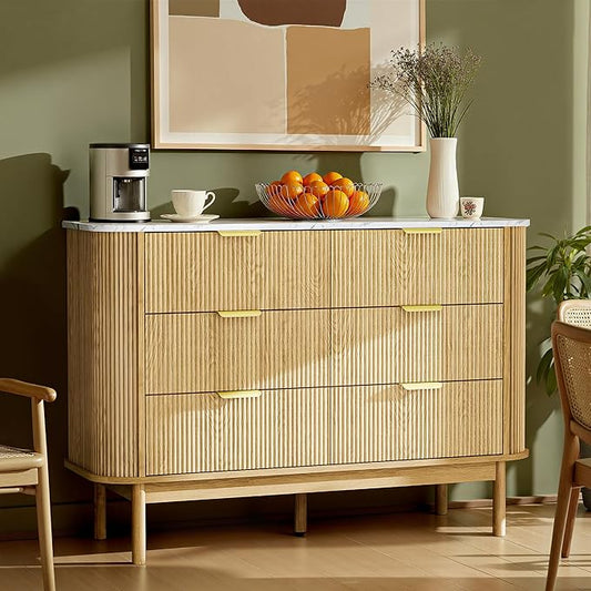 47" Fluted Dresser for Bedroom with 6 Drawer, Modern Chest of Drawers,Faux Marble Top & Curved Profile Design,Wood Drawer Storage Organizer for Living Room, Natural