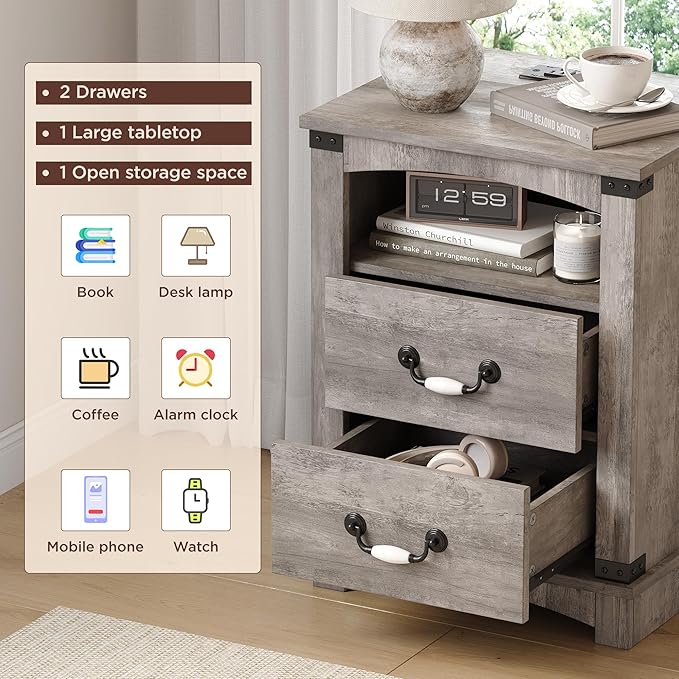 Maupvit Farmhouse Night Stand with Charger Station & Ceramic Handle, Wood Nightstand with 2 Storage Drawers, LED Bedroom Nightstand, Bedside Tables, Grey