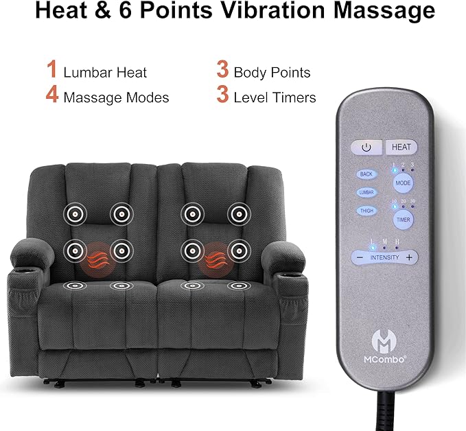 MCombo Zero Gravity Loveseat Power Reclining Sofa with Console, Heat and Vibration Massage, Recliner Couch for Living Room, Fabric 6035SET (Grey, Loveseat)