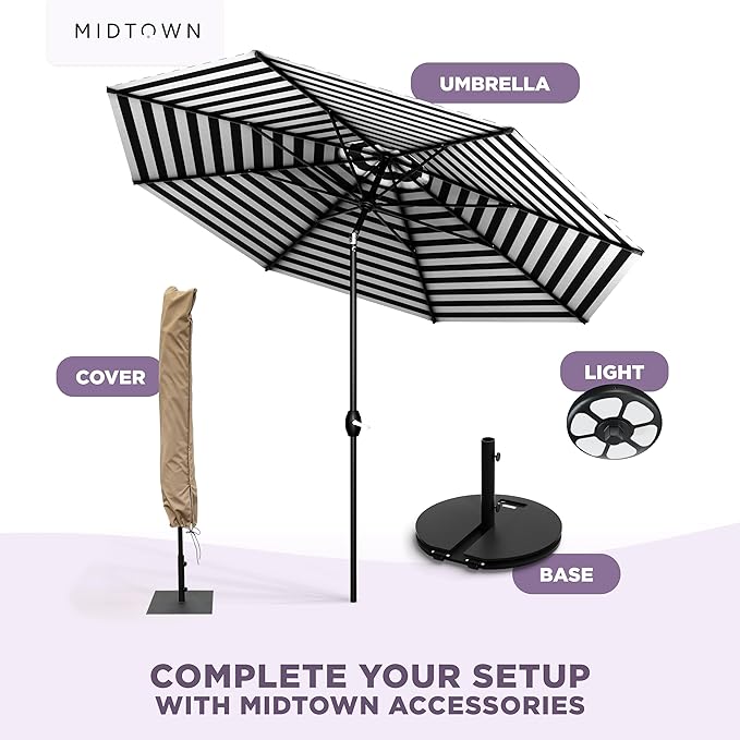 Midtown Umbrellas – The Lean 8 Ft Patio Umbrella with 10-Year-No-Fade Acrylast Acrylic Fabric, Auto-Tilt and 8 Reinforced Ribs for Deck, Pool, Garden, Hotel & Cafes – Urban Stripes Canopy, Black Pole