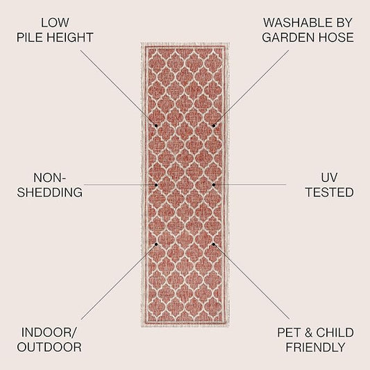 JONATHAN Y Moroccan Trellis Indoor Outdoor Runner Rug 2X20 Red/Beige, Trebol Textured Weave for Backyard, Patio, Porch, Easy-Cleaning, High Traffic, Pet-Friendly, Non-Shedding (SMB109C-220)